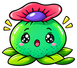 La mascotte d'Avalon Magic Plants, une petite plante verte coiffée d'une fleur rouge, l'air étonné
